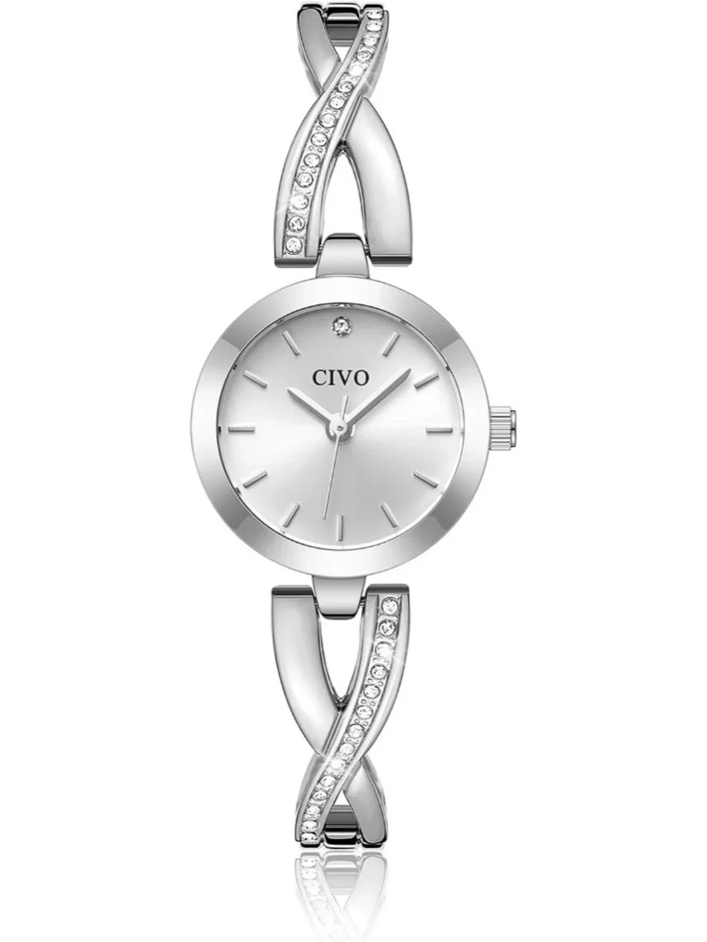 Women's All Silver Rhinestone Bangle Stainless Steel Elegant Wrist Watches